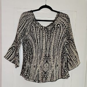 Jaipur Black and Tan Sheer Patterned Blouse, 1/2 Bell Sleeves, Stretchy, Sz Med.